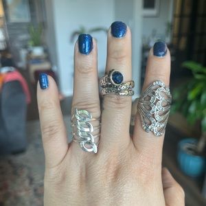 Silver Blue Crystal Diamond Snake Rings Size 7